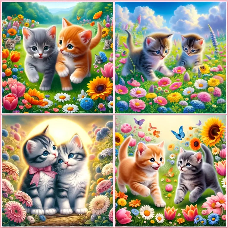 4pcs Lovely Cat Couple In Flower Garden Wall Art Canvas Framed