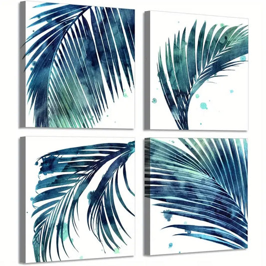 4pcs  Watercolor Palm Leaf Wall Art Canvas Framed