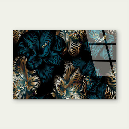 Navy Blue Gold Floral Abstract Lily Acrylic Glass Printing Wall Art Australian Made Quality