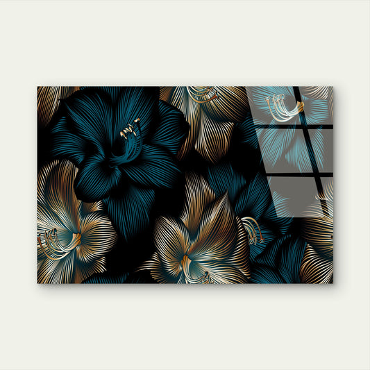 Navy Blue Gold Floral Abstract Lily Acrylic Glass Printing Wall Art Australian Made Quality