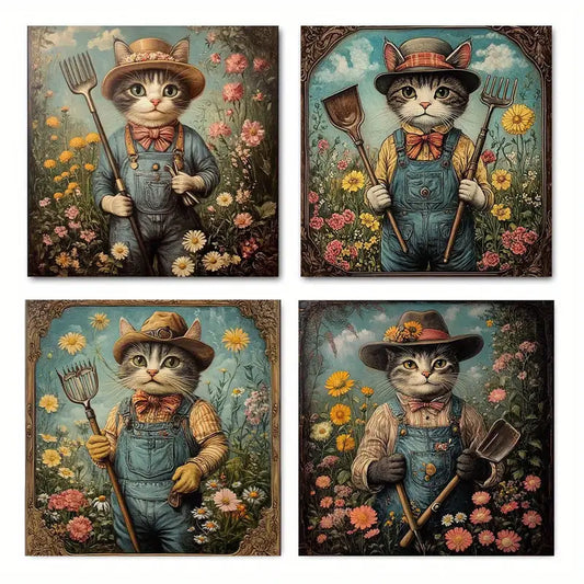 4pcs  Vintage Cat Gardener RT    Wall Art Canvas Framed