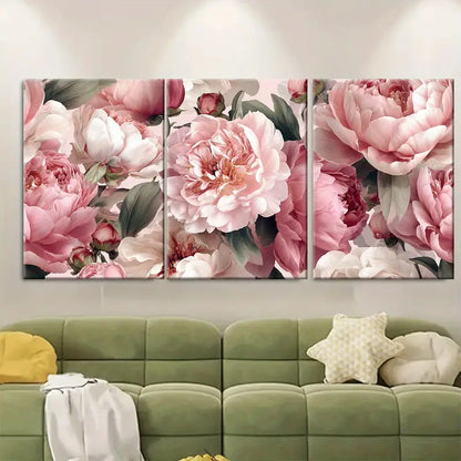 3pcs Seamless Pink Peonies Blush Floral Girly Wall Art Set Canvas Framed 50x70cm - High Quality Print 100% Australian Made Wall Canvas Ready to Hang