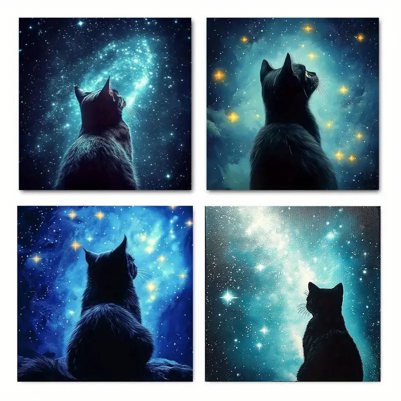 4pcs Cat Starry Night Wall Art Canvas Framed