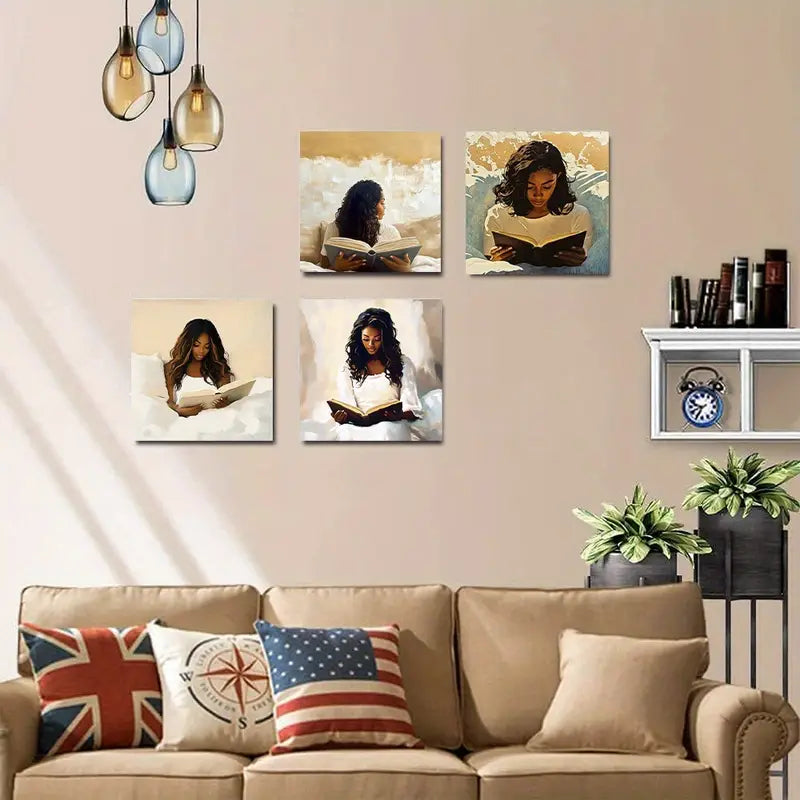 4pcs Woman Reading Theme WA Wall Art Canvas Framed