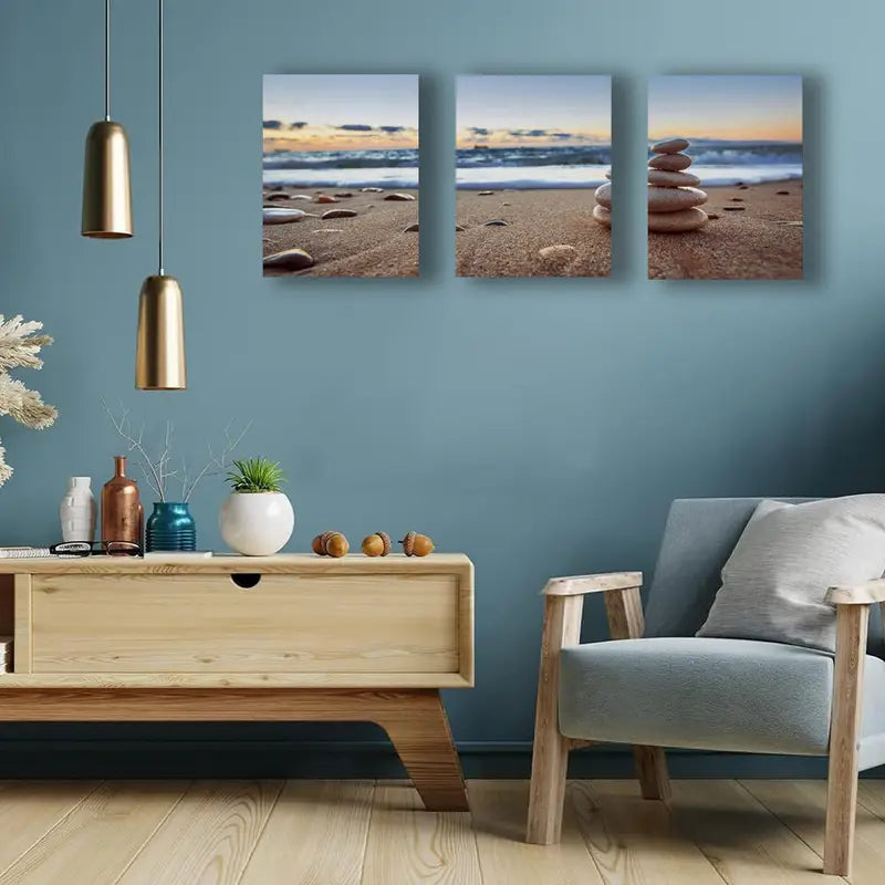 3pcs Beach Scene With Pebbles & Ocean View Metal Print Ready to Hang Art - Bella Home Decor