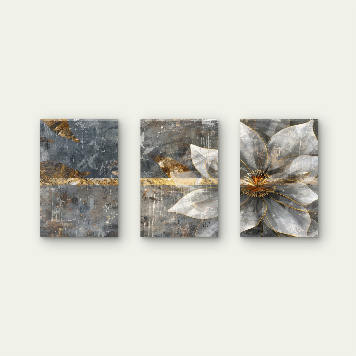 3pcs Modern Abstract Gray Gold Flower  Wall Art Set Canvas Framed 50x70cm - High Quality Print 100% Australian Made Wall Canvas Ready to Hang