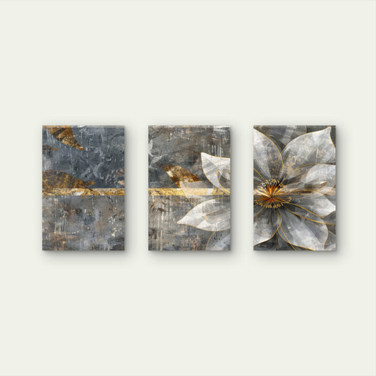 3pcs Modern Abstract Gray Gold Flower   Wall Art Set Canvas Framed 60x90cm - High Quality Print 100% Australian Made Wall Canvas Ready to Hang