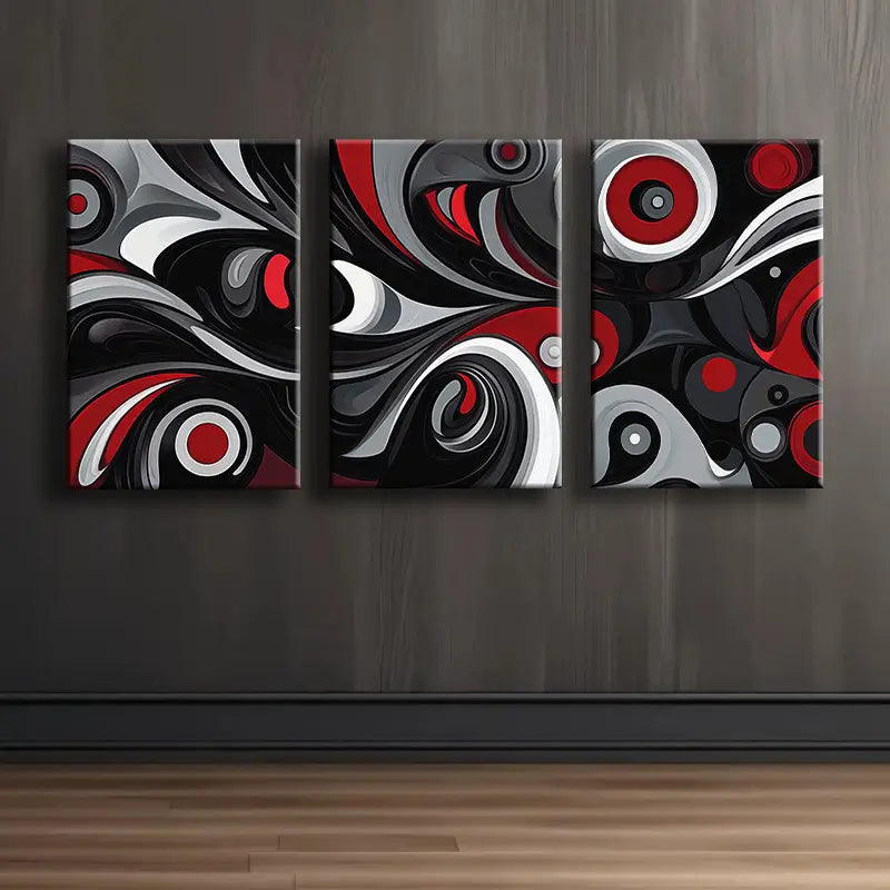 3pcs Black, Gray, Red & White Large Square Panels Metal Print Ready to Hang Art - Bella Home Decor