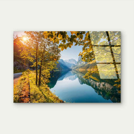 Alpine Mountain Lake Golden Autumn Acrylic Glass Printing Wall Art Australian Made Quality