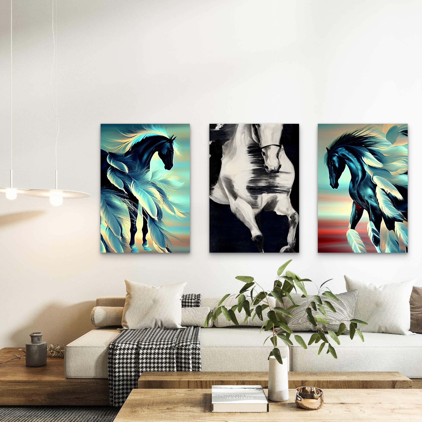 3pcs Majestic Running Horse Feather Motif   Wall Art Set Canvas Framed 60x90cm - High Quality Print 100% Australian Made Wall Canvas Ready to Hang