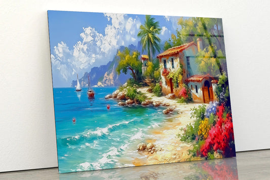 Small Town with Mountains, Summer Weather Oil Painting Acrylic Glass Print Tempered Glass Wall Art 100% Made in Australia Ready to Hang