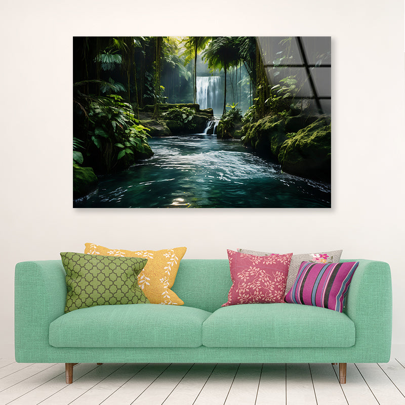 Waterfall in the Forest View Acrylic Glass Print Tempered Glass Wall Art 100% Made in Australia Ready to Hang - Bella Home Decor