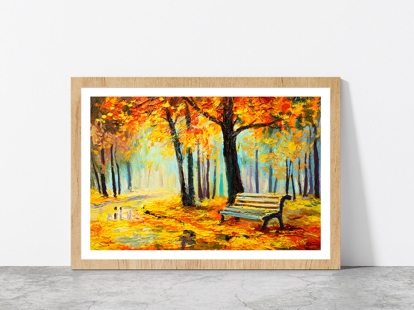 Bench In Autumn Forest Glass Framed Wall Art, Ready to Hang Quality Print With White Border Oak