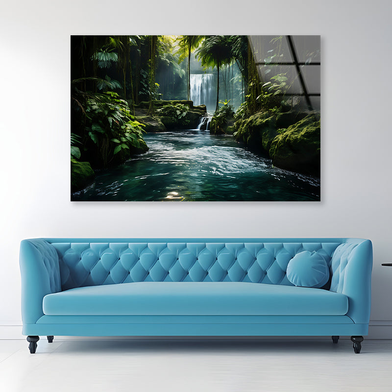 Waterfall in the Forest View Acrylic Glass Print Tempered Glass Wall Art 100% Made in Australia Ready to Hang - Bella Home Decor
