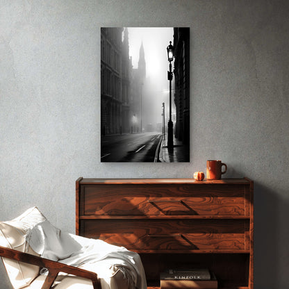 Moody Misty Black White City Street Lamp 40x60cm Metal Print Ready to Hang