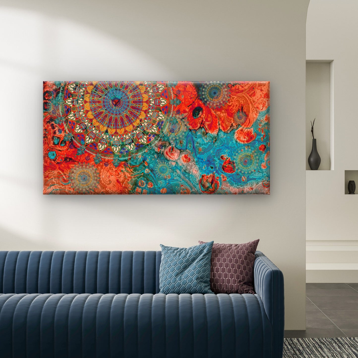 Boho Mandala Teal Orange Pattern Wall Art Canvas Office Home Room Framed 120x60cm - Bella Home Decor