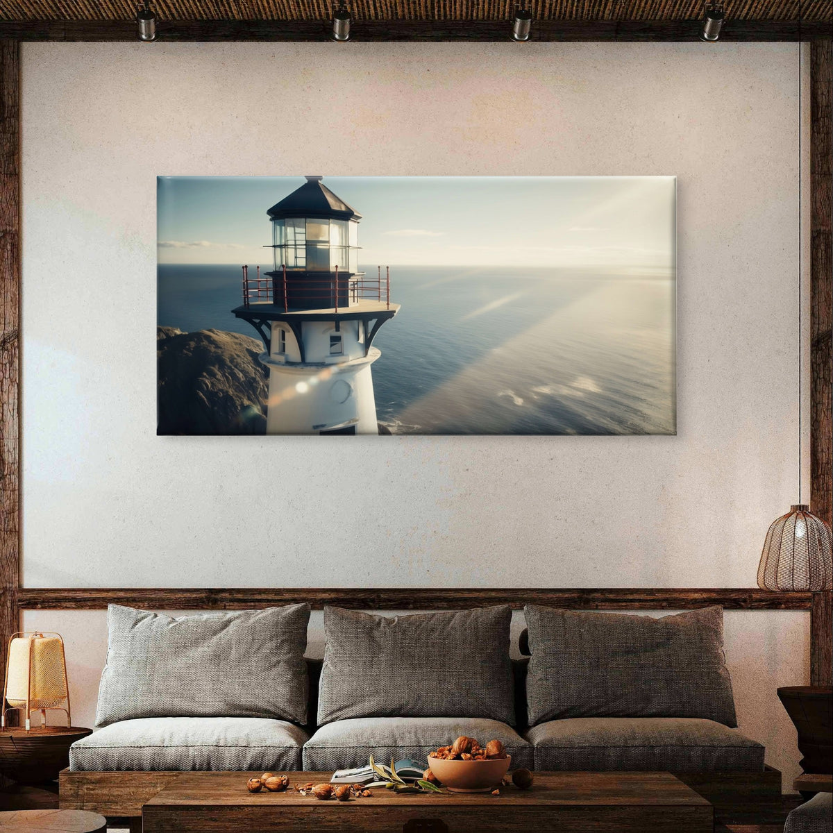 Coastal Lighthouse Ocean Waves Sunset Seascape Wall Art Canvas Office Home Framed 120x60cm - Bella Home Decor