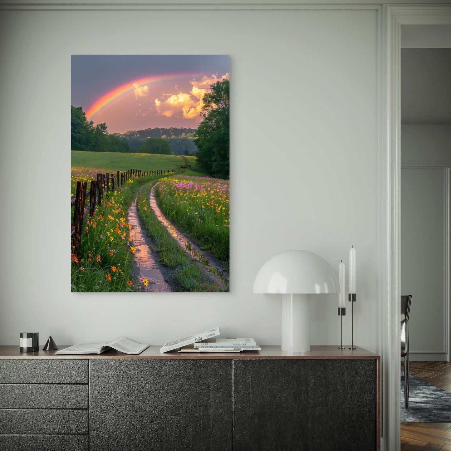 Vibrant Sunset Rainbow Appearing Road 40x60cm Metal Print Ready to Hang