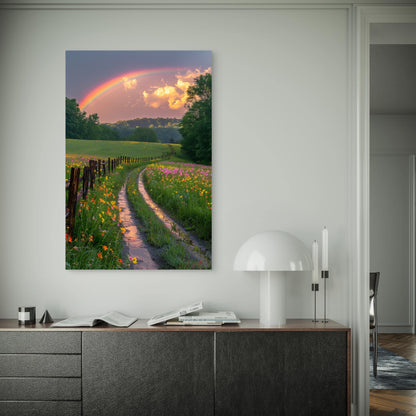 Vibrant Sunset Rainbow Appearing Road 40x60cm Metal Print Ready to Hang