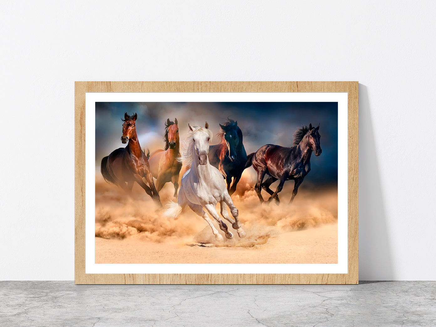 Horse Herd Run In Desert Sand Glass Framed Wall Art, Ready to Hang Quality Print With White Border Oak