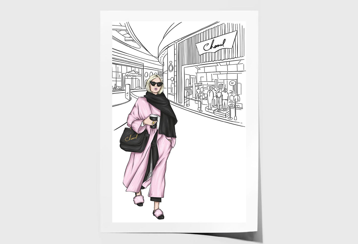 B&W Fashion Store with Pink Girl Wall Art Limited Edition High Quality Print Unframed Roll Canvas None