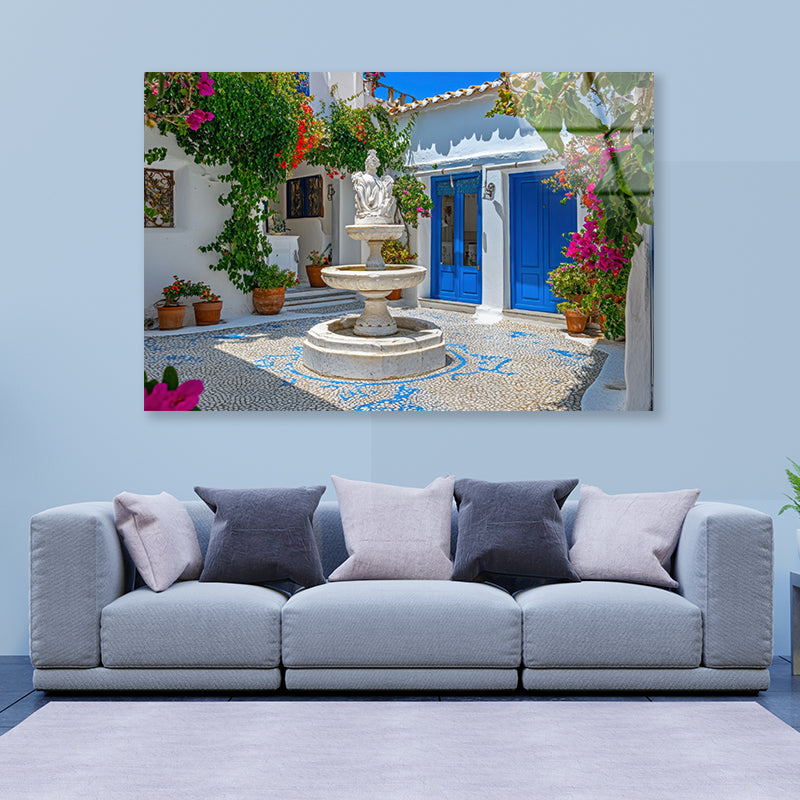 Fountain in a Courtyard, Flowers, Houseplant Acrylic Glass Print Tempered Glass Wall Art 100% Made in Australia Ready to Hang - Bella Home Decor