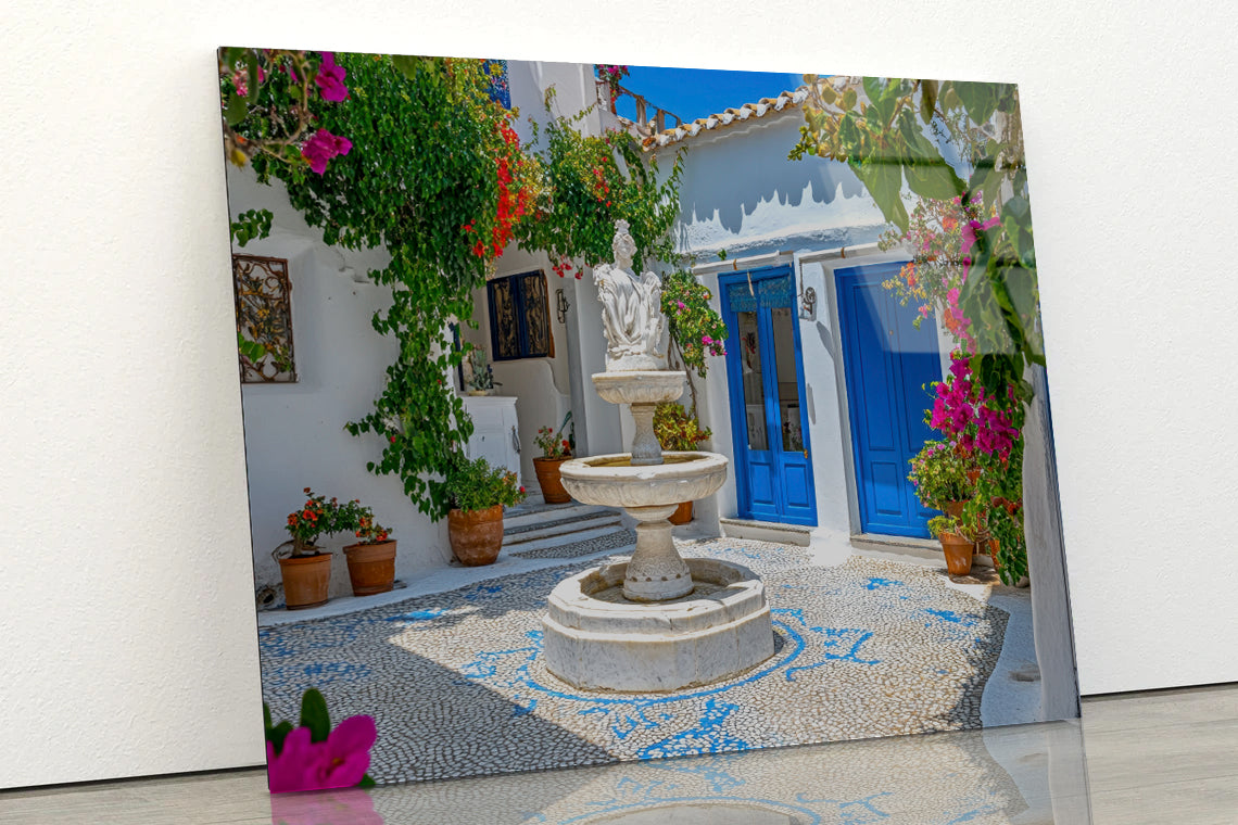 Fountain in a Courtyard, Flowers, Houseplant Acrylic Glass Print Tempered Glass Wall Art 100% Made in Australia Ready to Hang - Bella Home Decor