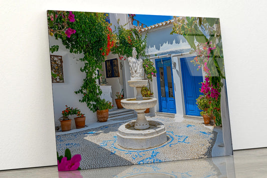 Fountain in a Courtyard, Flowers, Houseplant Acrylic Glass Print Tempered Glass Wall Art 100% Made in Australia Ready to Hang - Bella Home Decor