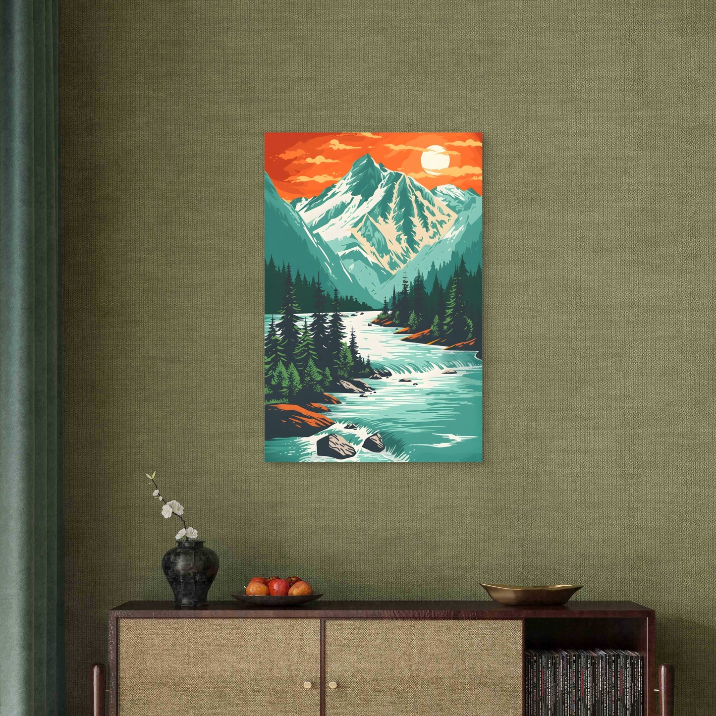 Snow Mountain River Pines Sun 60x90cm Metal Print Ready to Hang