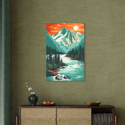 Snow Mountain River Pines Sun 60x90cm Metal Print Ready to Hang