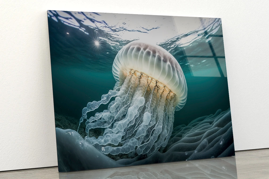 White Jellyfish Floating In the Water Acrylic Glass Print Tempered Glass Wall Art 100% Made in Australia Ready to Hang - Bella Home Decor