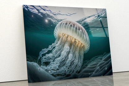 White Jellyfish Floating In the Water Acrylic Glass Print Tempered Glass Wall Art 100% Made in Australia Ready to Hang - Bella Home Decor
