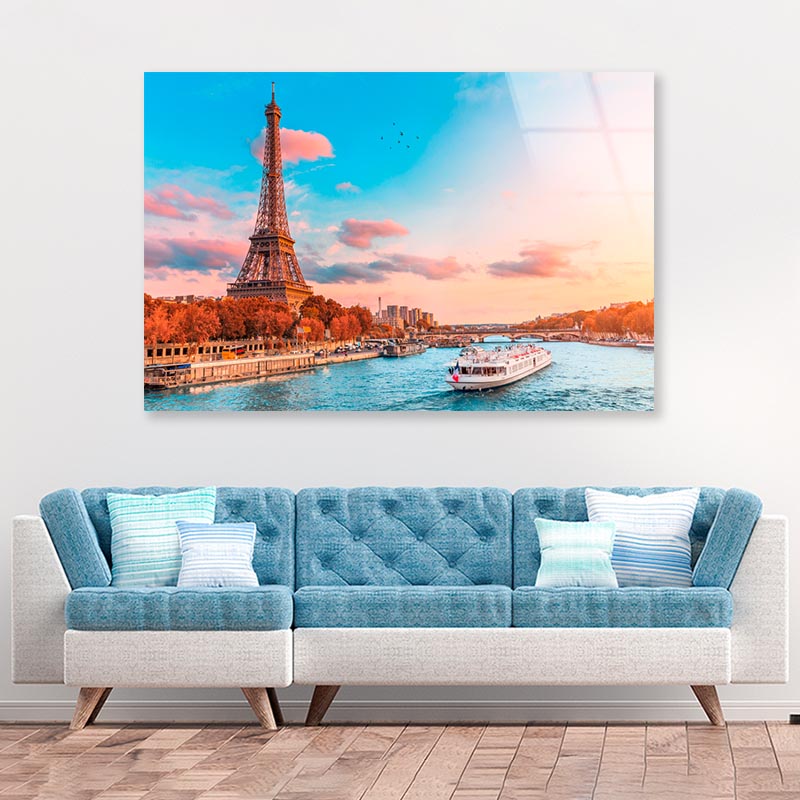 Boat on River & Sunset Eiffel Tower View Acrylic Glass Print Tempered Glass Wall Art 100% Made in Australia Ready to Hang - Bella Home Decor
