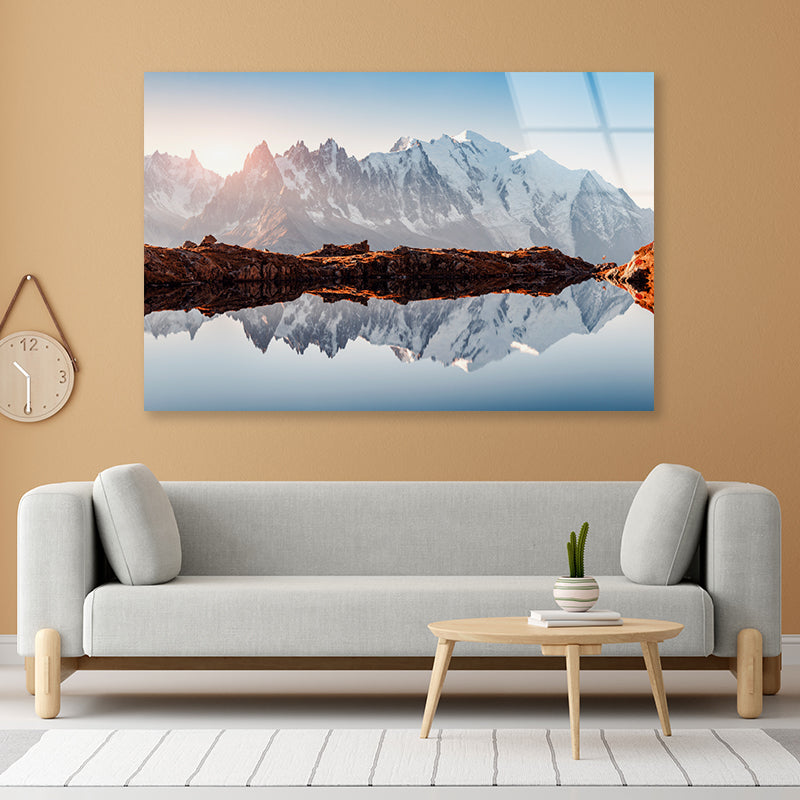 A Snow-Covered Mountain Surrounded By a Glacial Lake Acrylic Glass Print Tempered Glass Wall Art 100% Made in Australia Ready to Hang