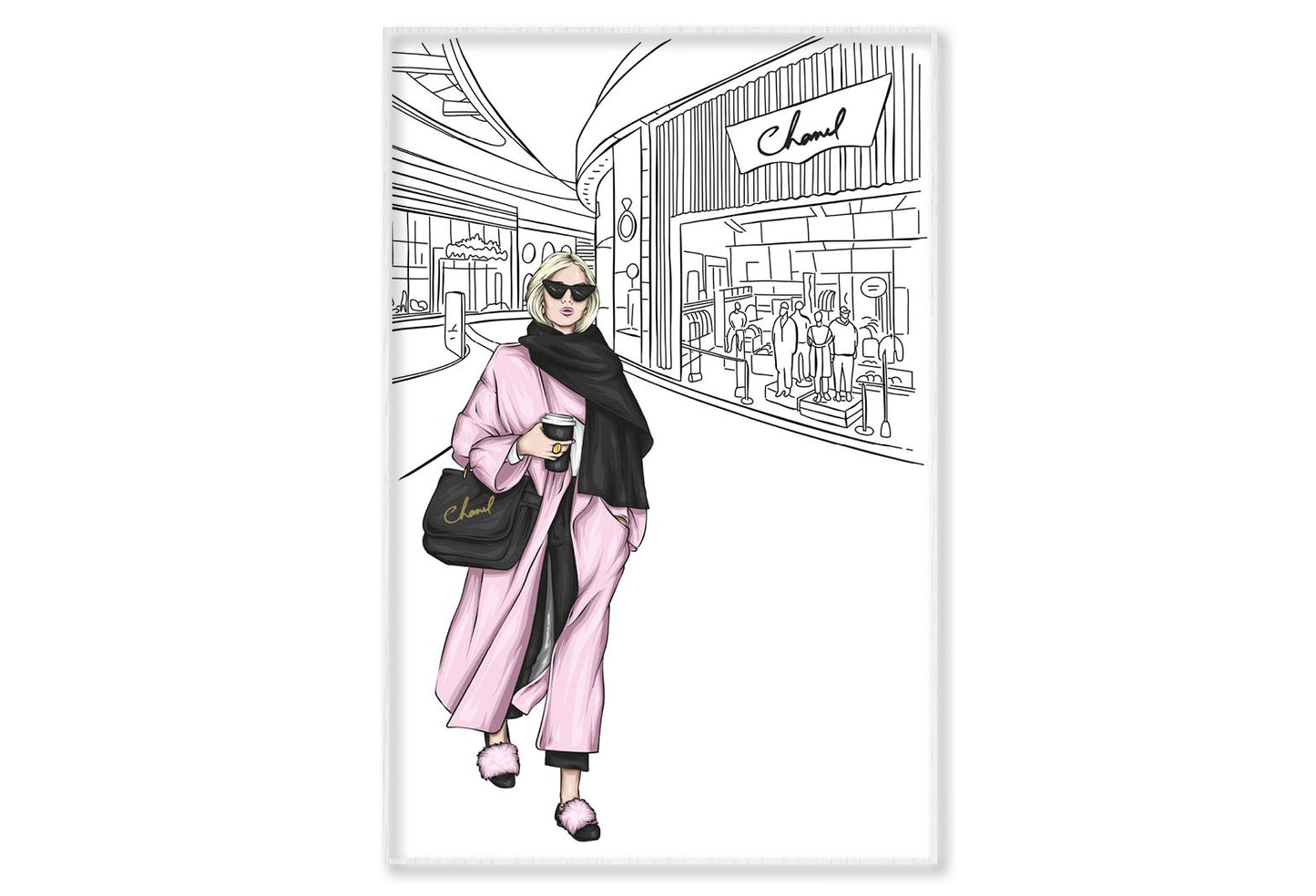 B&W Fashion Store with Pink Girl Wall Art Limited Edition High Quality Print Canvas Box Framed White