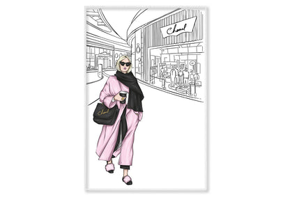 B&W Fashion Store with Pink Girl Wall Art Limited Edition High Quality Print Canvas Box Framed White