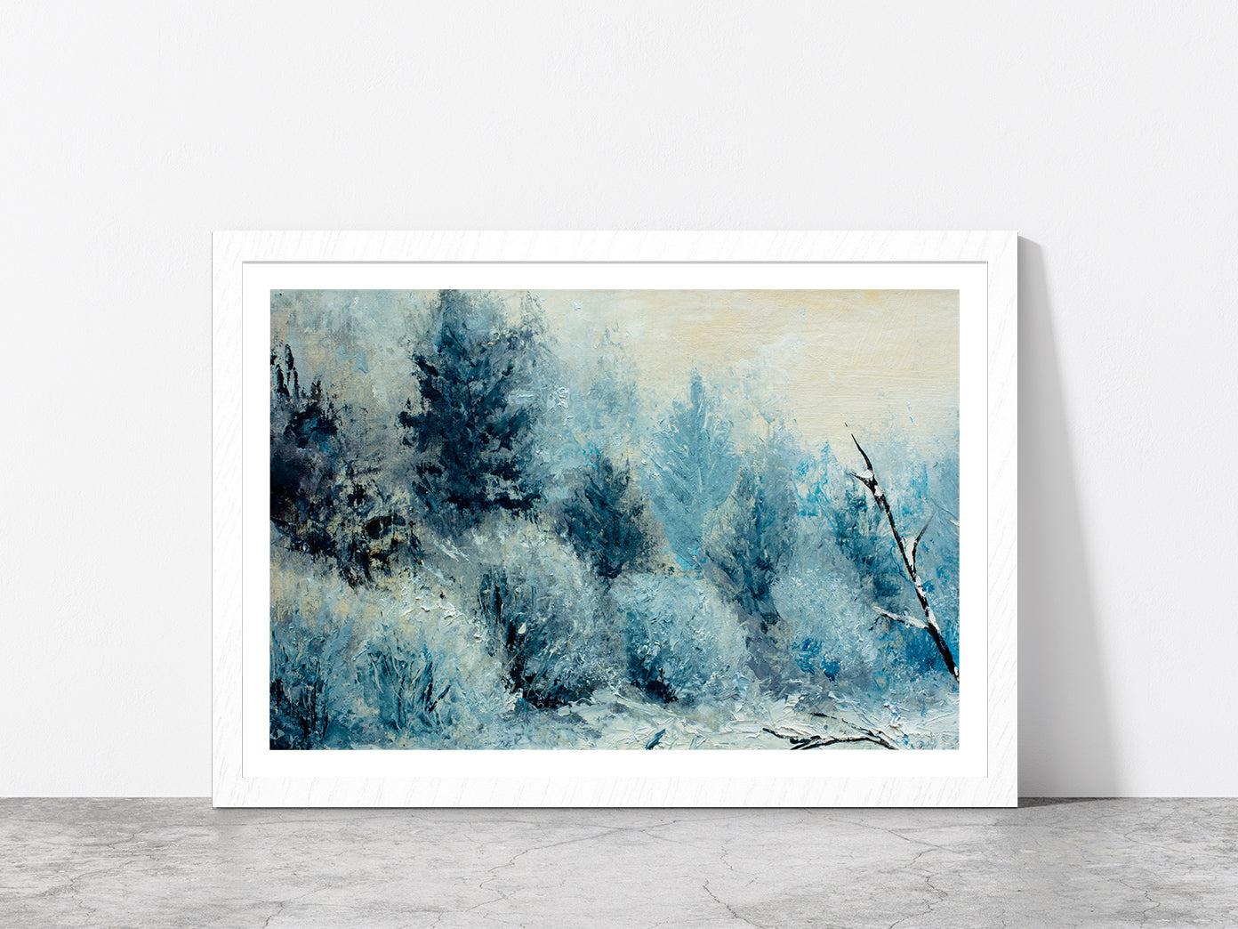 Winter Forest With Winter White Trees, Bushes In The Snow Glass Framed Wall Art, Ready to Hang Quality Print With White Border White