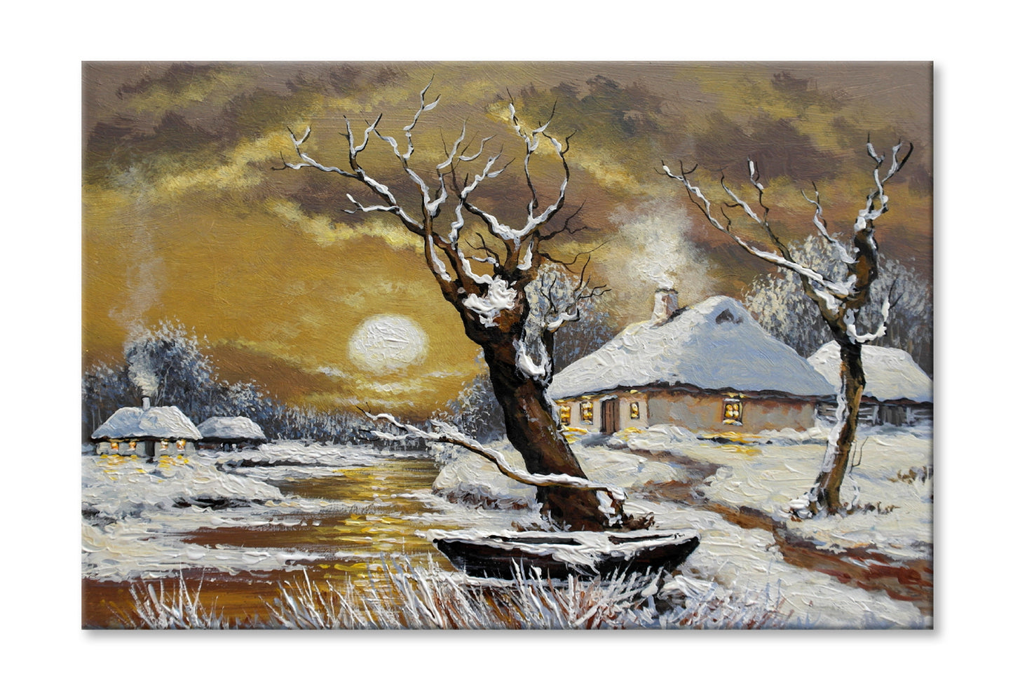 Winter House in the Village & River Night Sky Wall Art Limited Edition High Quality Print Stretched Canvas None