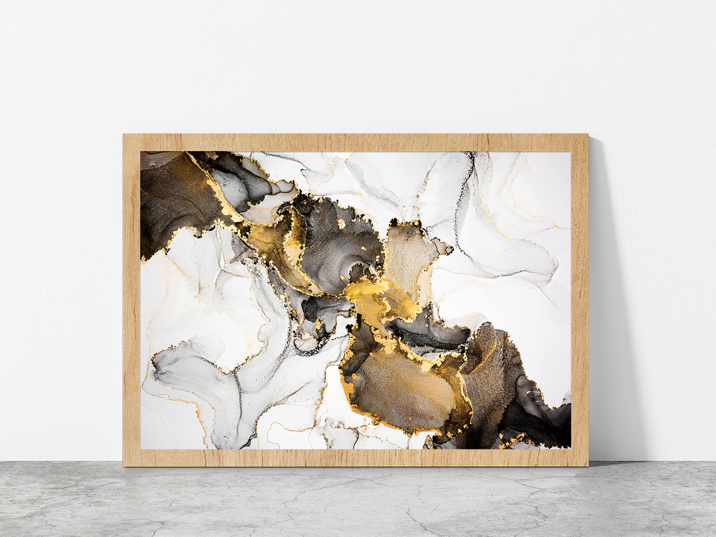 Black White & Gold Abstract Glass Framed Wall Art, Ready to Hang Quality Print Without White Border Oak