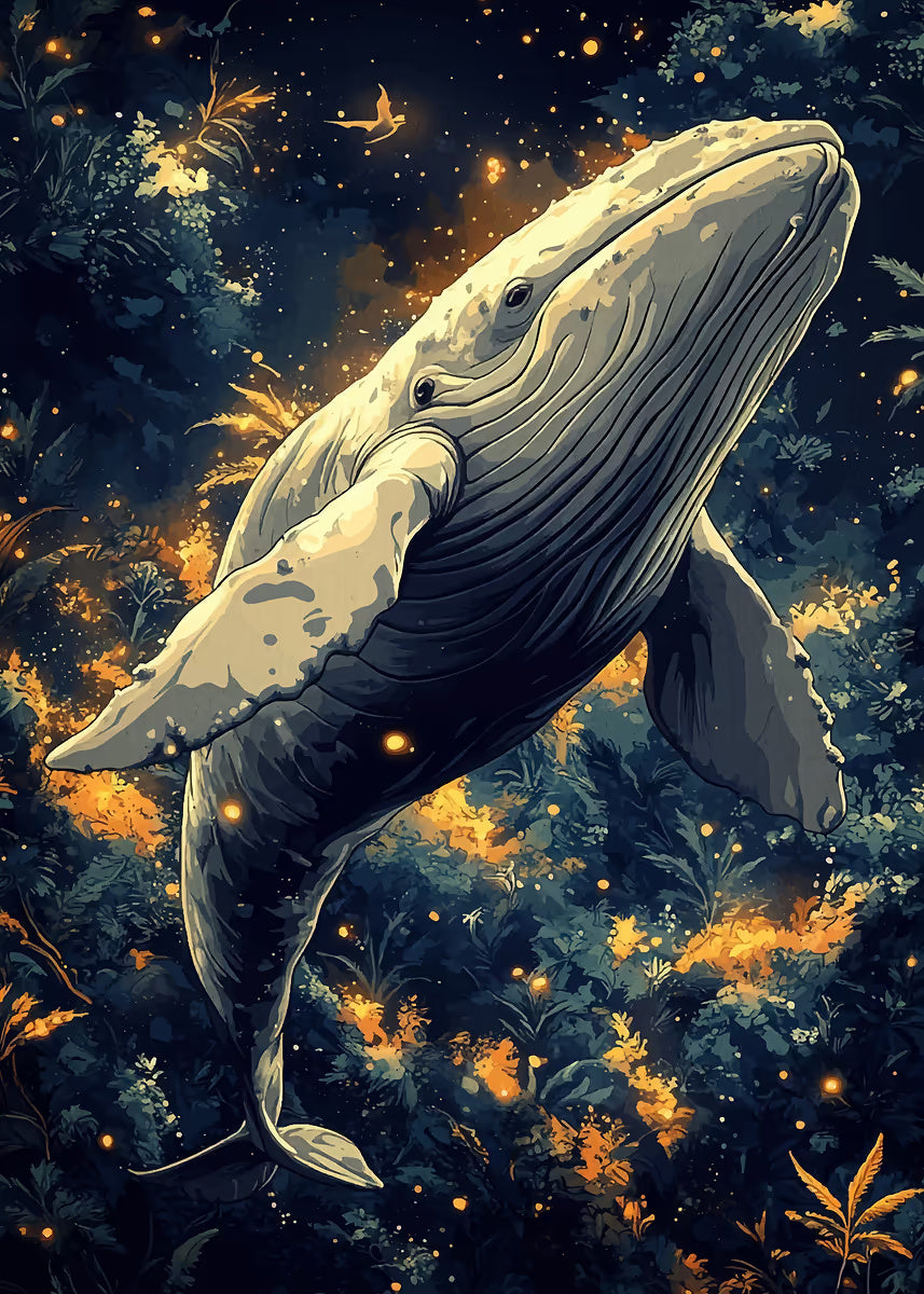 Starry Night Forest Whale 40x60cm Metal Print Ready to Hang - Bella Home Decor