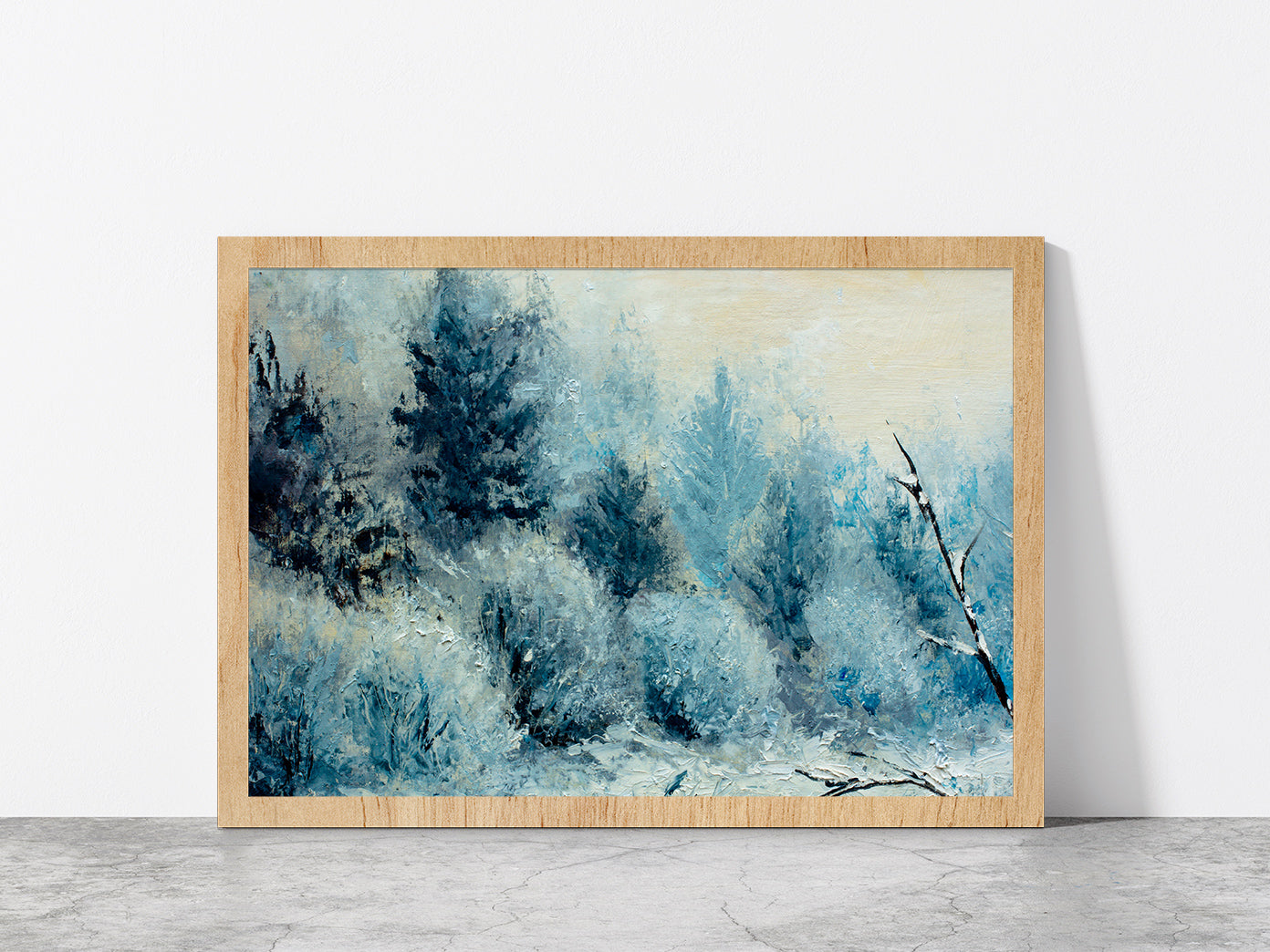 Winter Forest With Winter White Trees, Bushes In The Snow Glass Framed Wall Art, Ready to Hang Quality Print Without White Border Oak