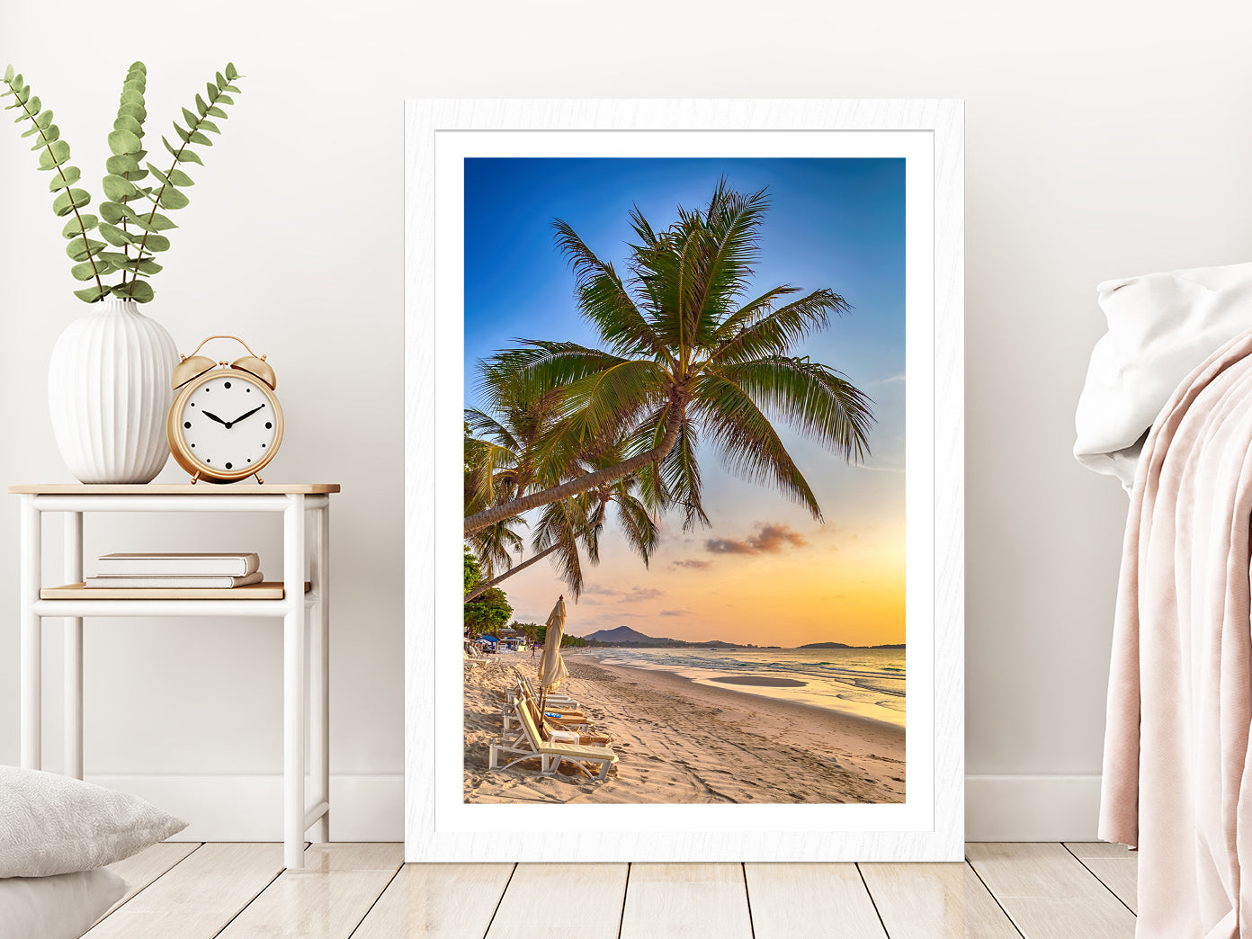 Palm Tropical Beach at Sunset Sky Photograph Glass Framed Wall Art, Ready to Hang Quality Print With White Border White