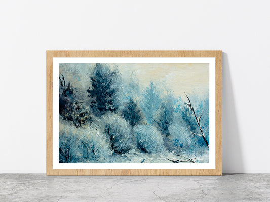 Winter Forest With Winter White Trees, Bushes In The Snow Glass Framed Wall Art, Ready to Hang Quality Print With White Border Oak