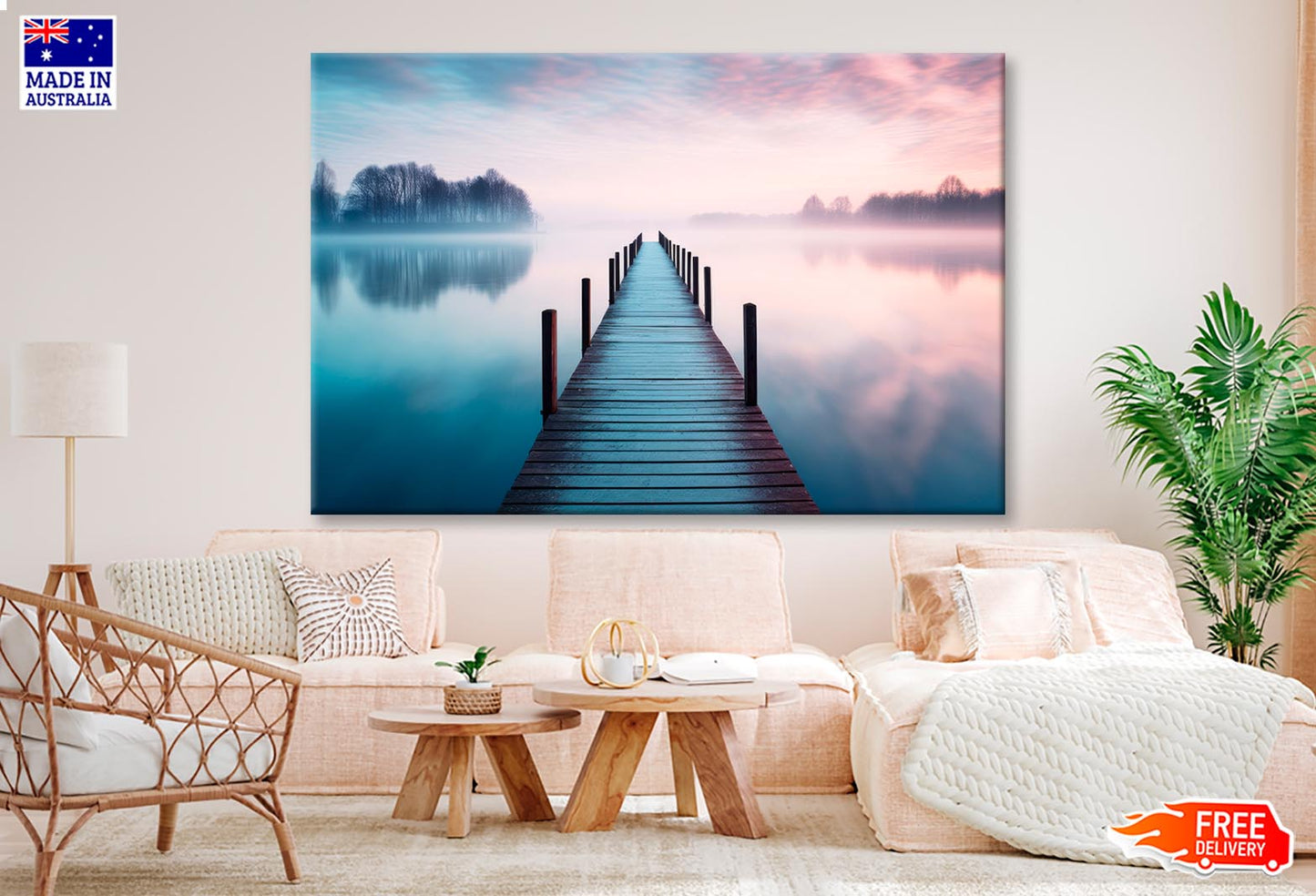 Lakeside View Featuring a Wooden Pier  Wall Art Decor 100% Australian Made