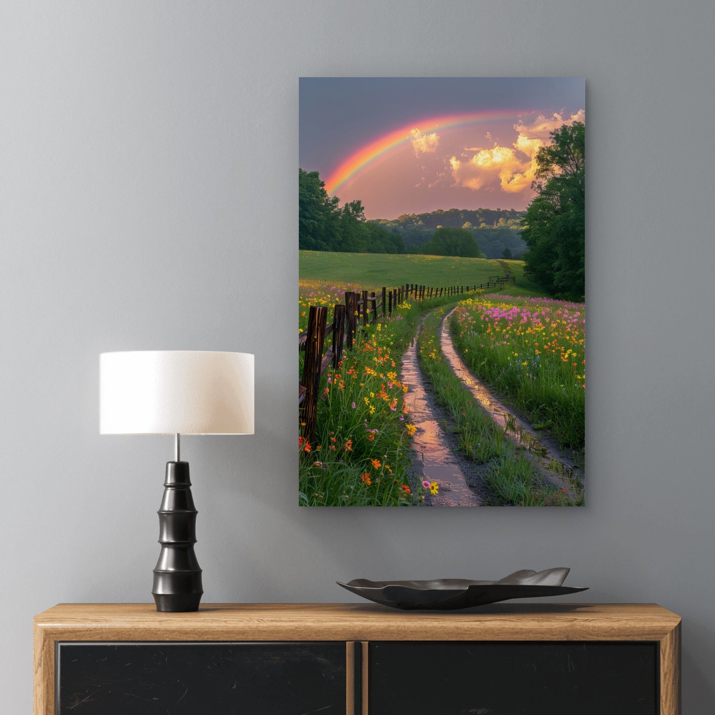 Vibrant Sunset Rainbow Appearing Road 40x60cm Metal Print Ready to Hang
