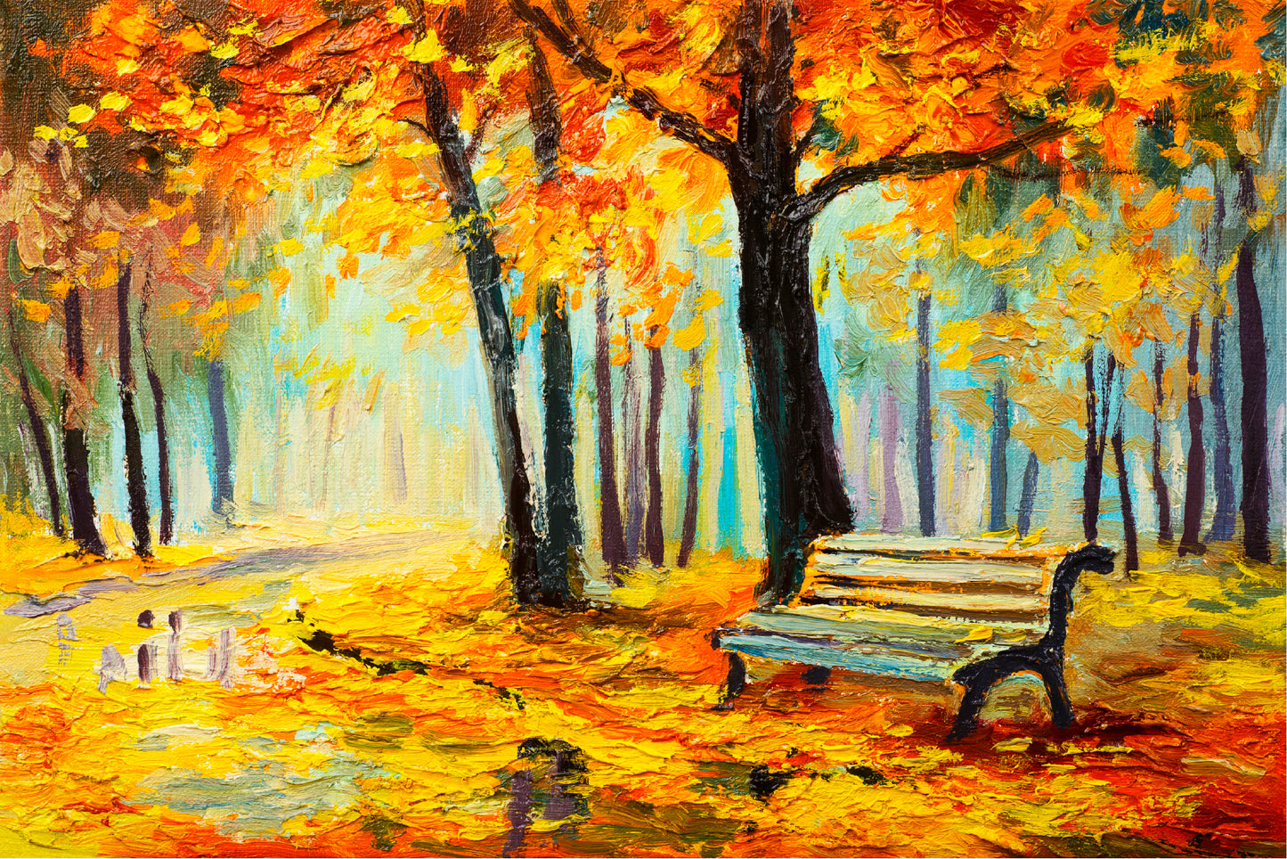 Bench In Autumn Forest Glass Framed Wall Art, Ready to Hang Quality Print