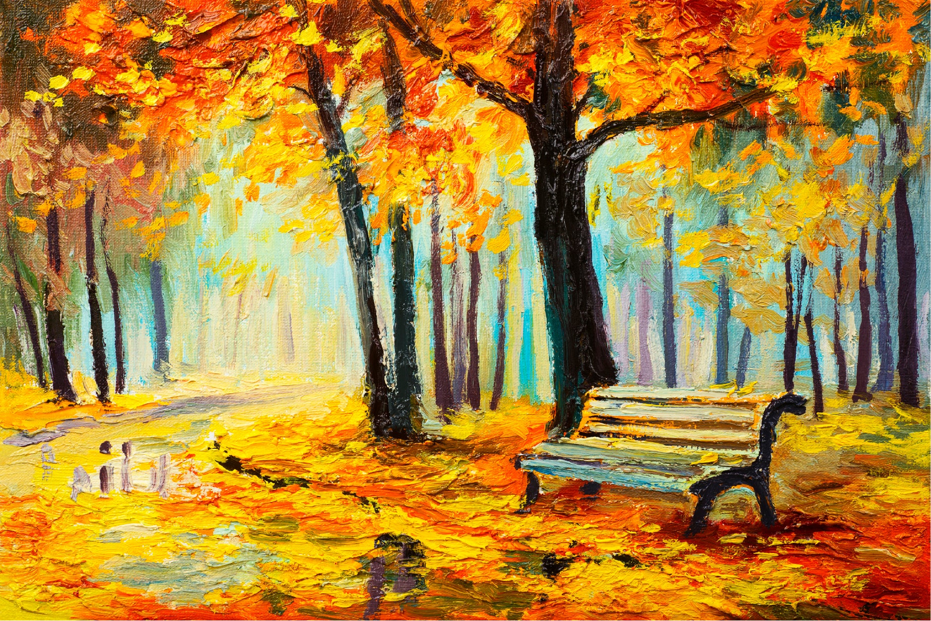 Bench In Autumn Forest Glass Framed Wall Art, Ready to Hang Quality Print