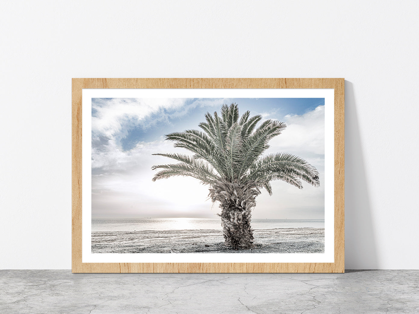 Date Tree near Sea Faded Photograph Glass Framed Wall Art, Ready to Hang Quality Print