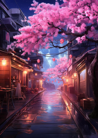 Tokyo Street Night Sakura Lantern 40x60cm Metal Print Ready to Hang