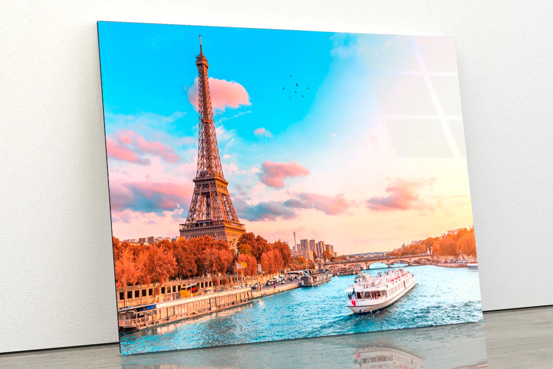 Boat on River & Sunset Eiffel Tower View Acrylic Glass Print Tempered Glass Wall Art 100% Made in Australia Ready to Hang - Bella Home Decor